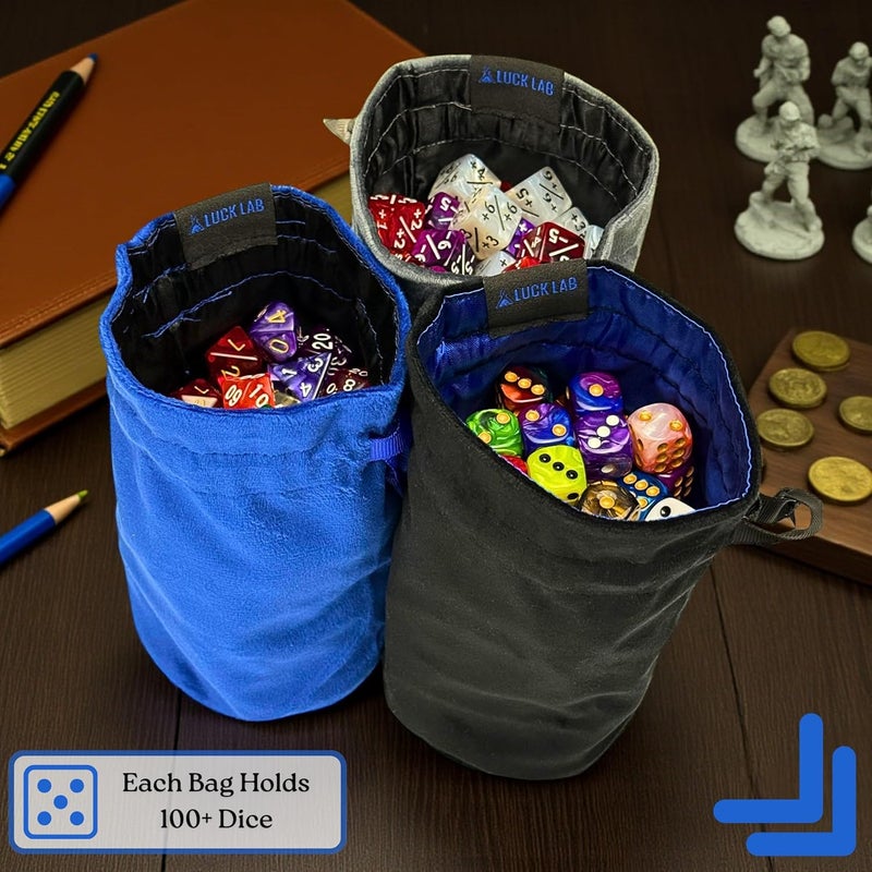 Luck Lab Velvet Drawstring Dice Bag - Set of Three Colors - Dungeons and Dragons Fabric/Standing Cotton Fabric Dice Bags/D&D Dice Pouch/Small Pouch/Velvet Jewelry Bag (Blue, Black, Grey) - Image 2